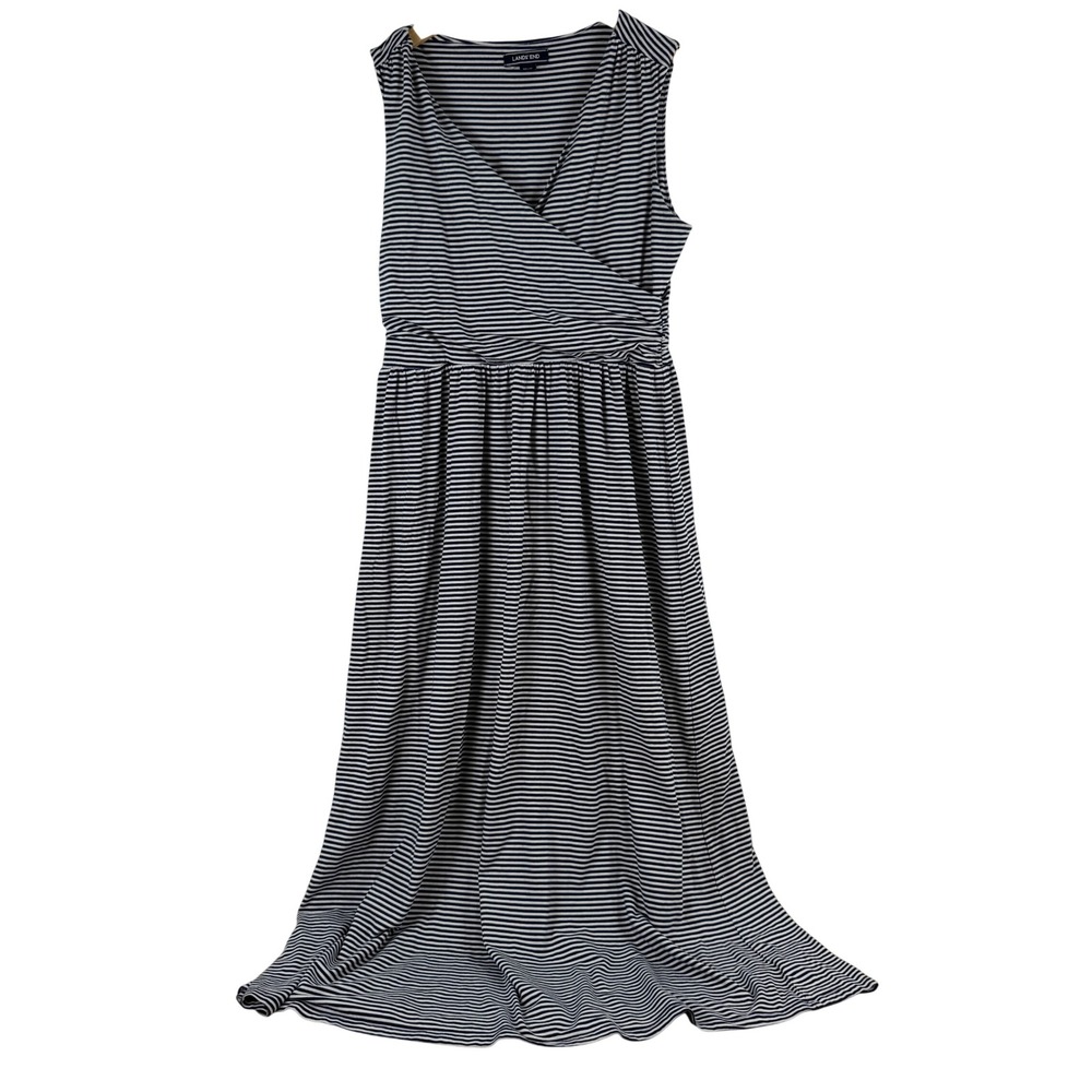 Lands End Maxi Dress Navy White Stripe Sleeveless Wrap Waist‎ Elastic M 10 12